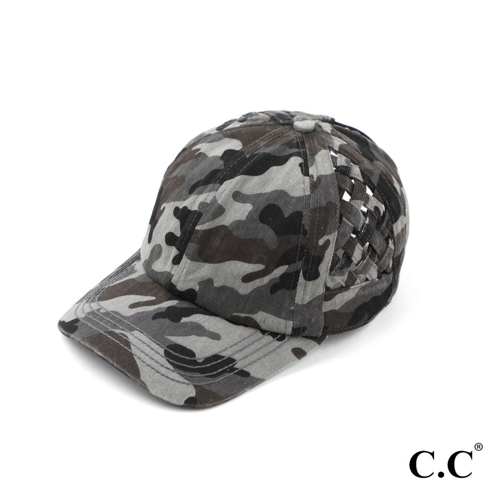 Criss Cross Ponytail Hat with Basket Weave Detail, Grey Camo