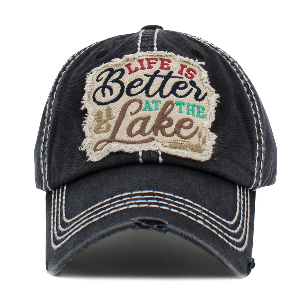 'Life Is Better At The Lake'  Vintage Distressed Baseball Hat, Black