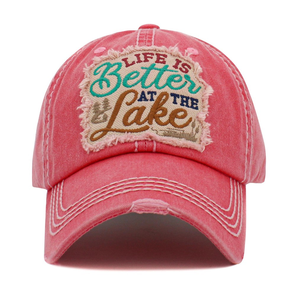 'Life Is Better At The Lake'  Vintage Distressed Baseball Hat, Hot Pink