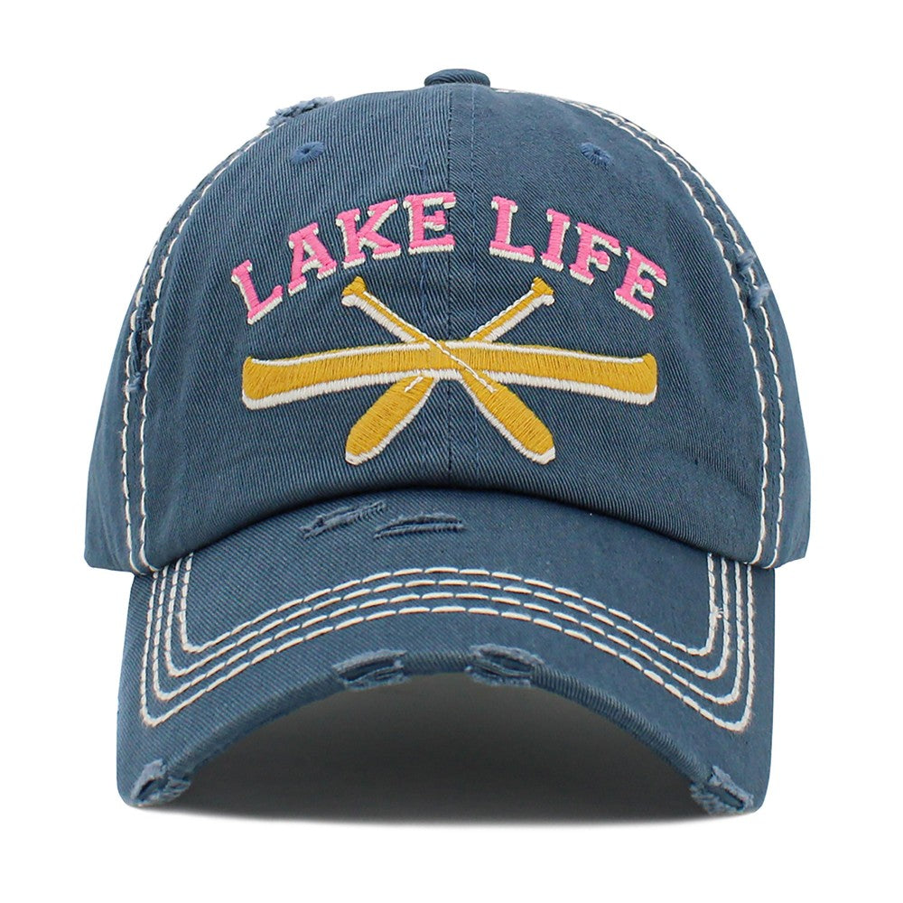 'Lake Life'  Vintage Distressed Baseball Hat, Blue