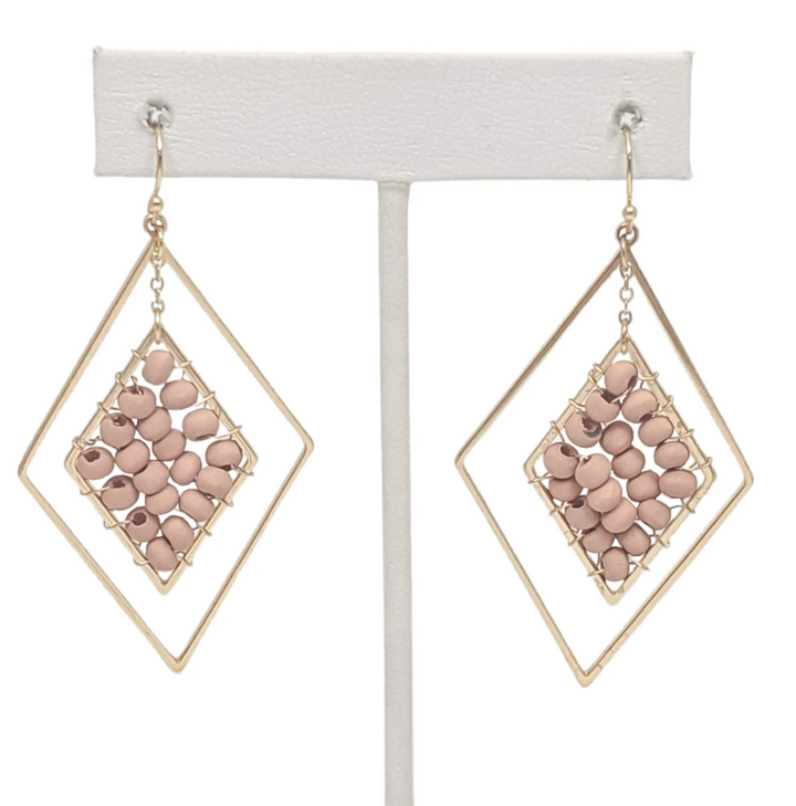 Abbie Double Diamond Drop Earrings, Dark Pink Color Bead Accent in Gold
