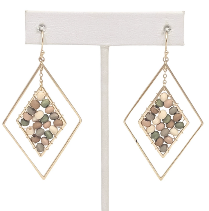 Abbie Double Diamond Drop Earrings, Multi Color Bead Accent in Gold