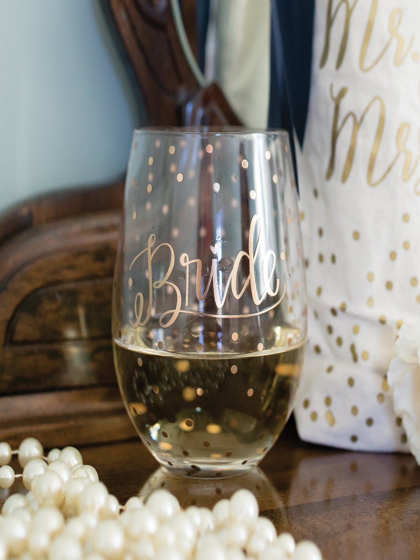 Bride Polka Dot Stemless Wine Glass