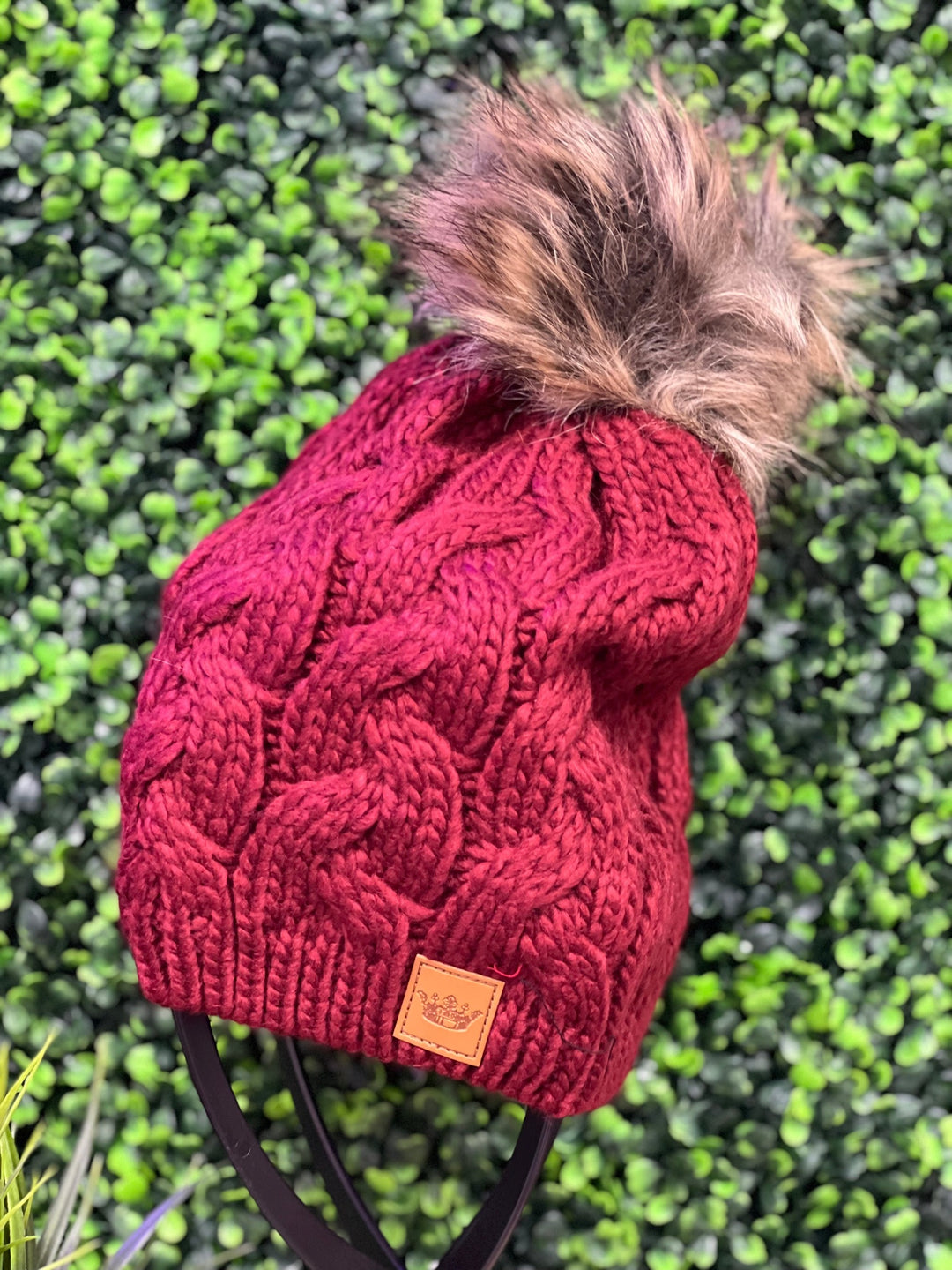 Cable Knit Fleece Lined Beanie with Pom Detail, Wine