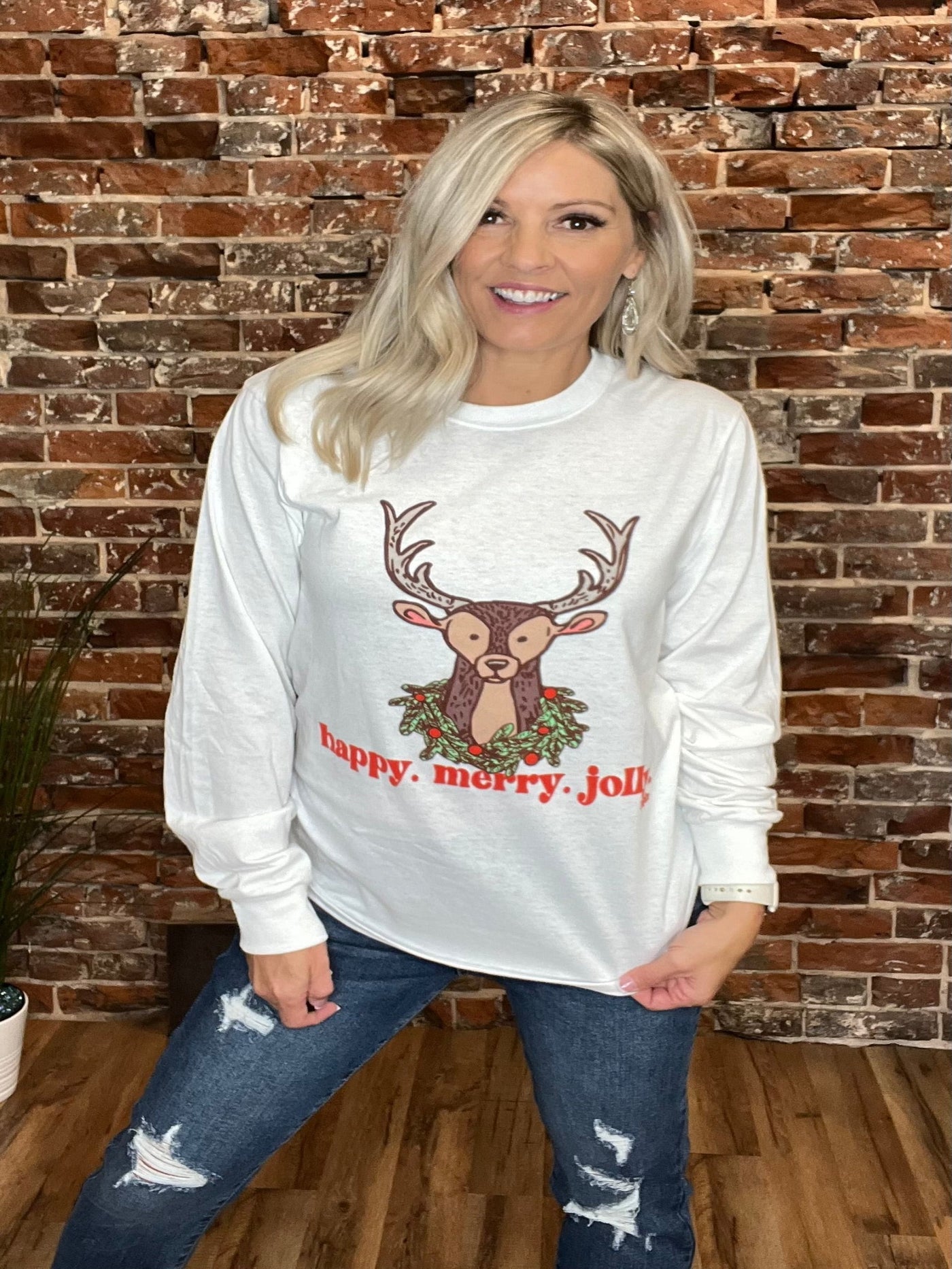 Happy Merry Jolly Long Sleeve Graphic Tee in White