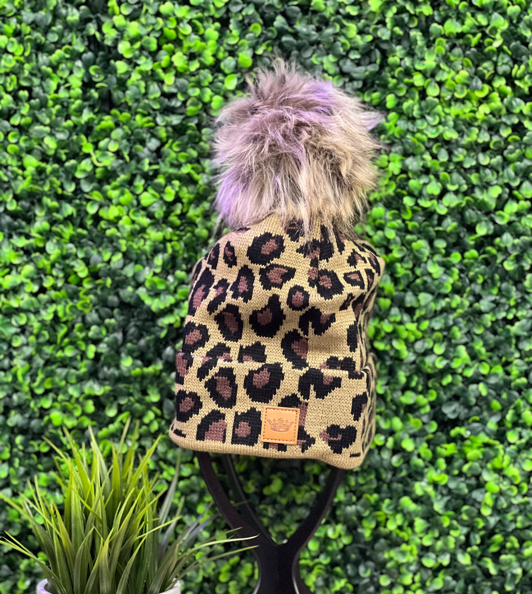 Knit Beanie with Pom Detail, Leopard