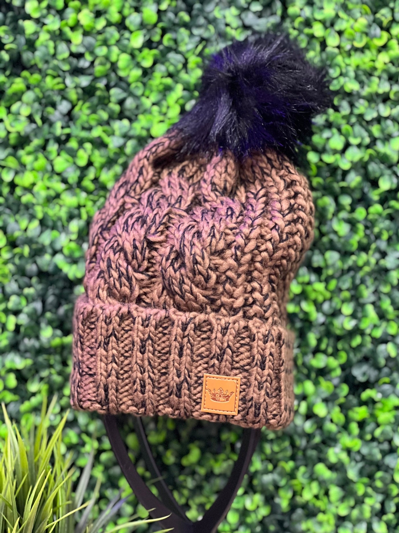 Marled Knit Beanie with Pom Detail, Brown and Black