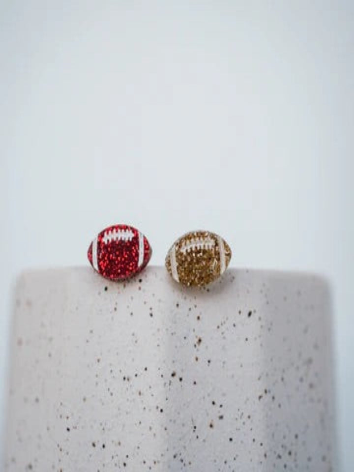 Hand Painted Football Stud Glitter Earrings, Red & Gold