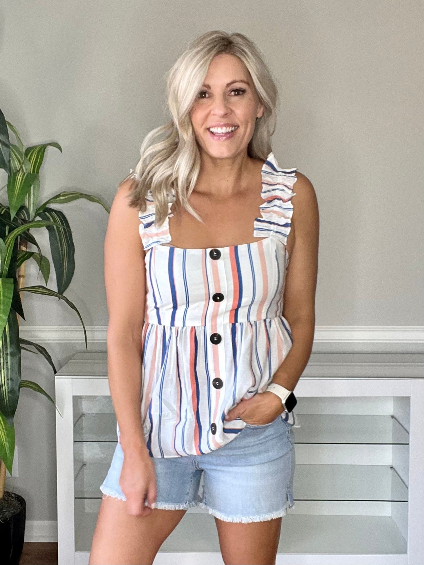 Melanie Button Down Striped Babydoll Tank with Ruffle Strap Detail in Ivory, Blue and Peach