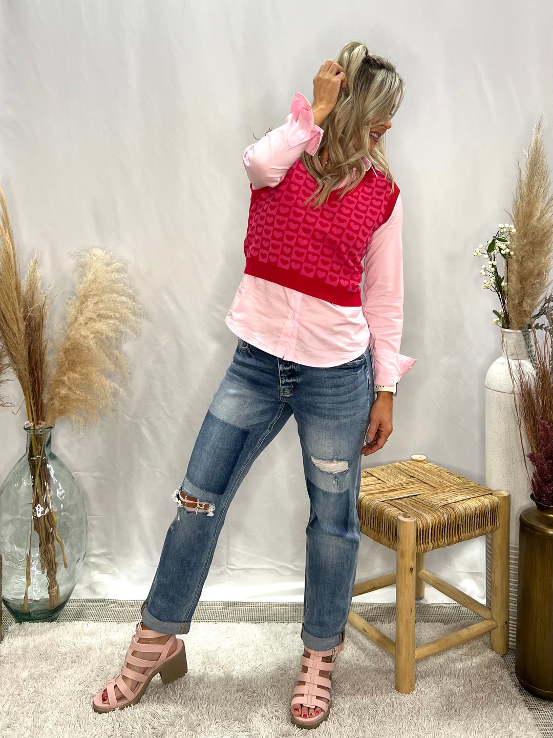 Heart Squared Sweater Vest, Red & Pink