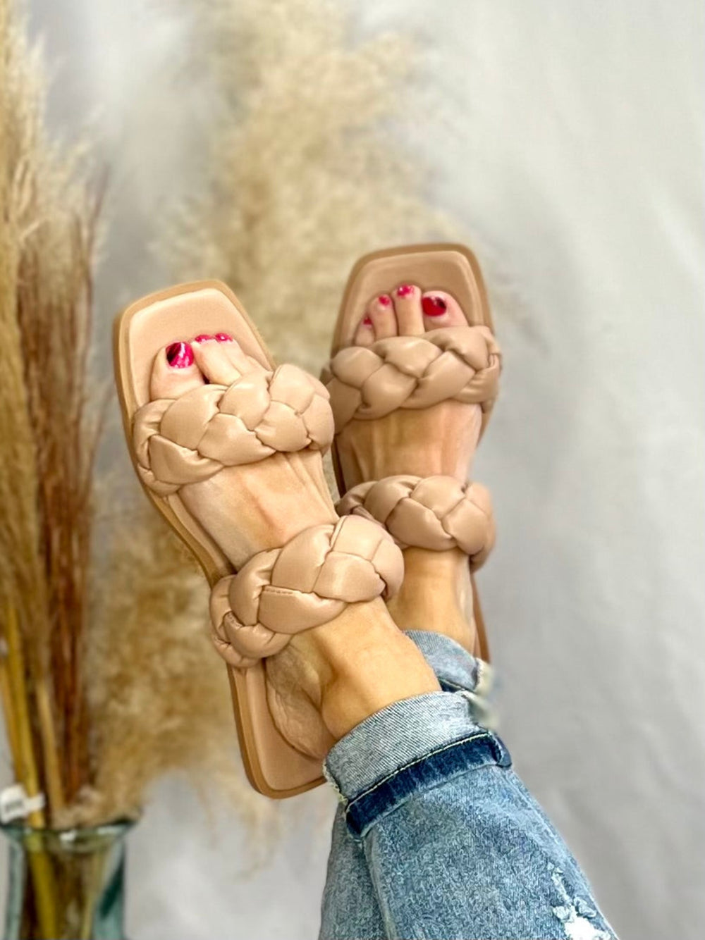 Daria Puffy Braided Flat Sandal, Taupe