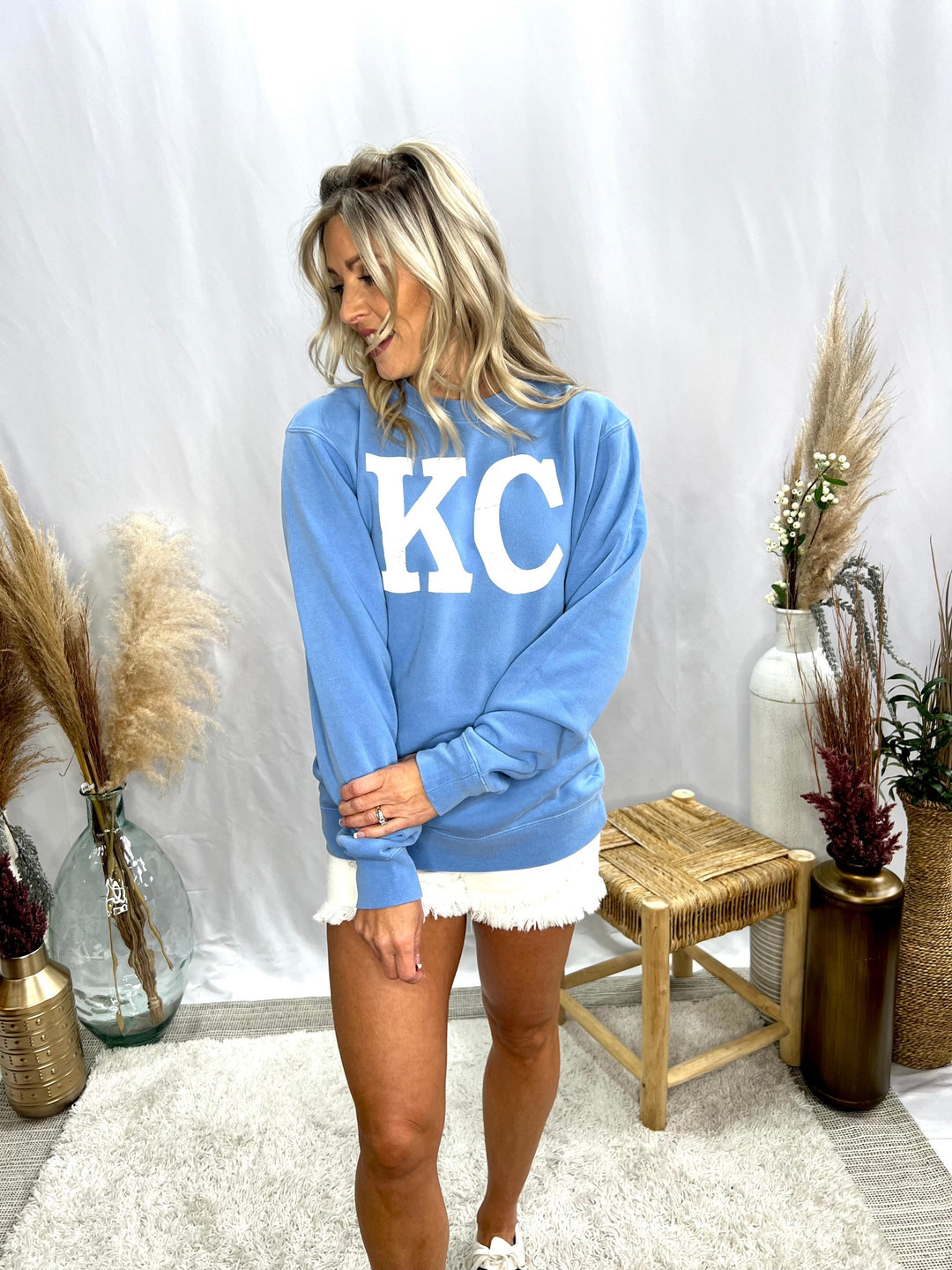 Distressed KC Crewneck Graphic Sweatshirt, Pigment Light Blue
