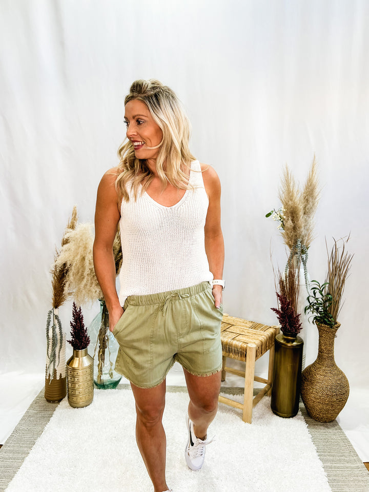 On Second Thought Raw Hem Tencel Shorts, Olive