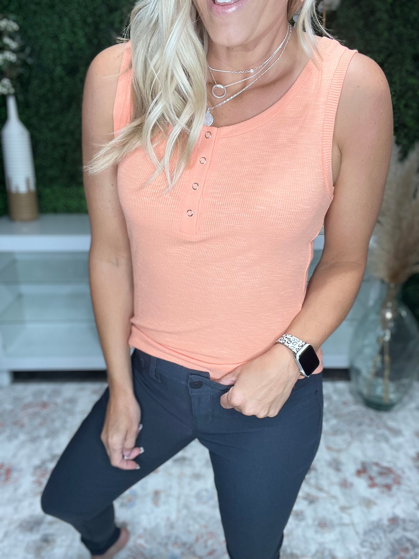 The Pippa Ribbed Button Detail Tank, Cantaloupe