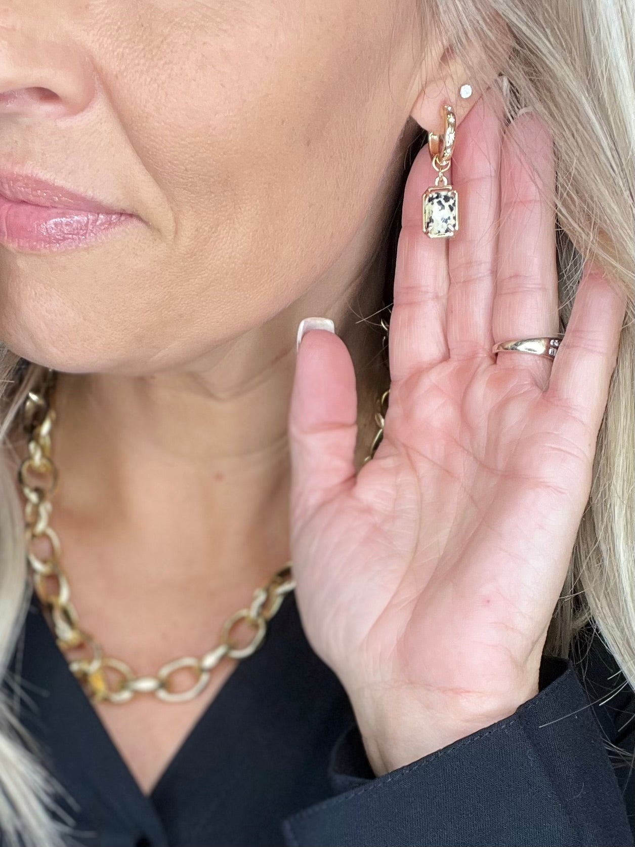 Gold Huggie Hoop Earring with Semi Precious Stone. Dalmatian