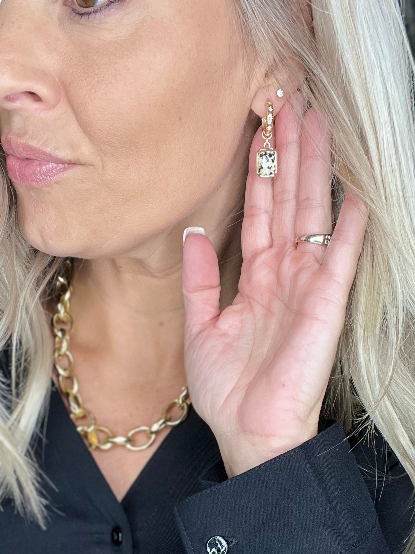 Gold Huggie Hoop Earring with Semi Precious Stone. Dalmatian