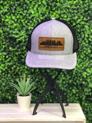 Kansas City Skyline Leather Patch Hat, Heather Grey w/Black Mesh