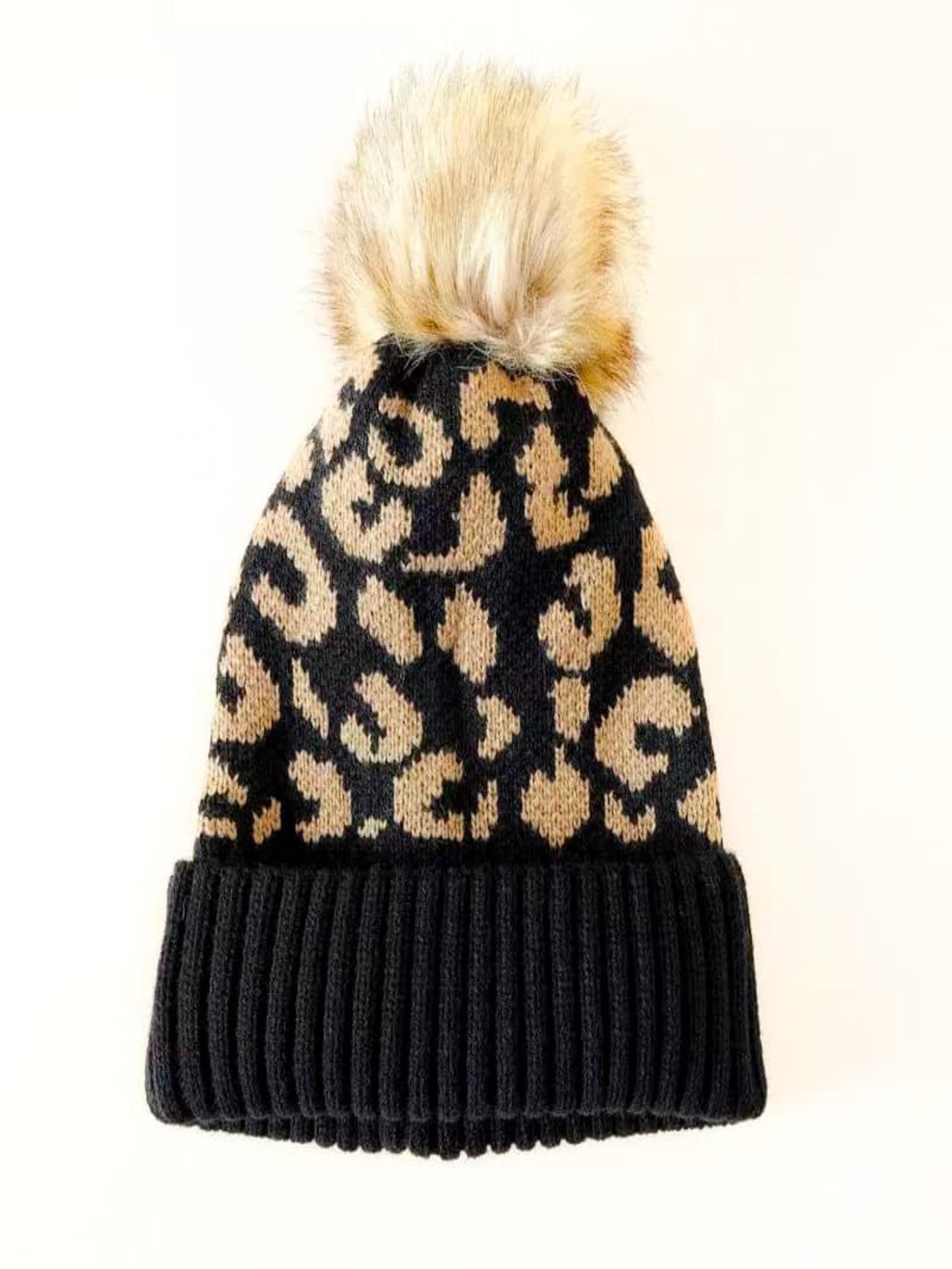 The Lala Knit Animal Print Cuff Beanie with Faux Fur Pom Detail, Black