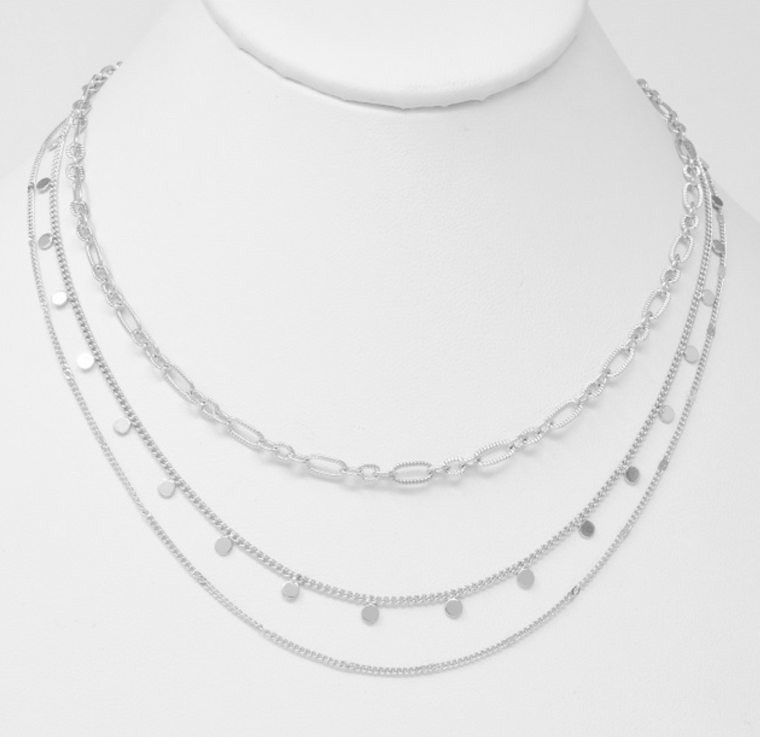 Change Your Mind Coin Drop Triple Layered Chain Necklace, Silver