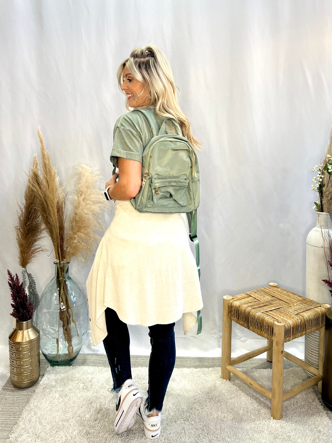 Phina Backpack w/ Front Zip Pocket, Dark Sage