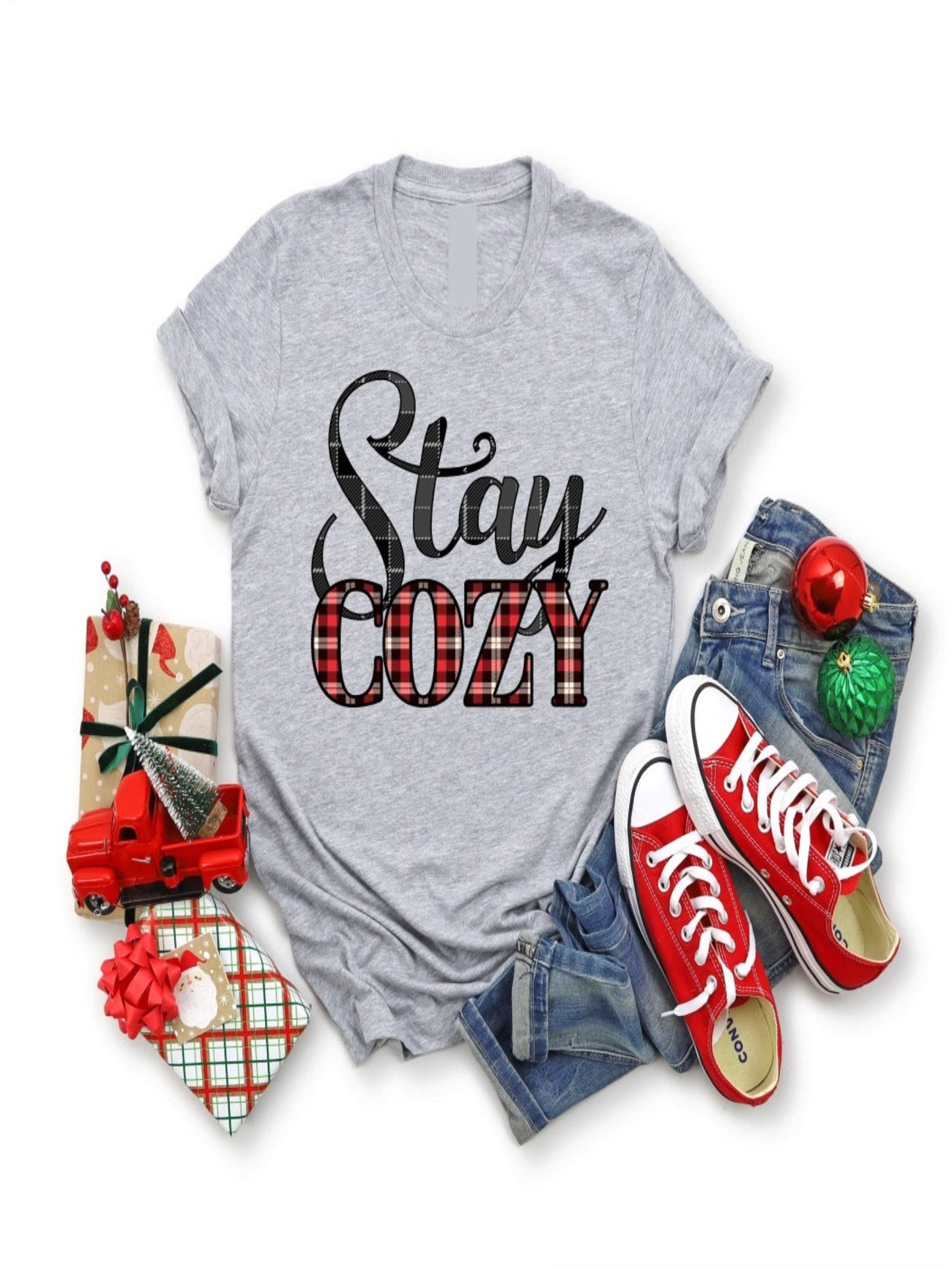 Stay Cozy Plaid Graphic Tee on Heather Grey