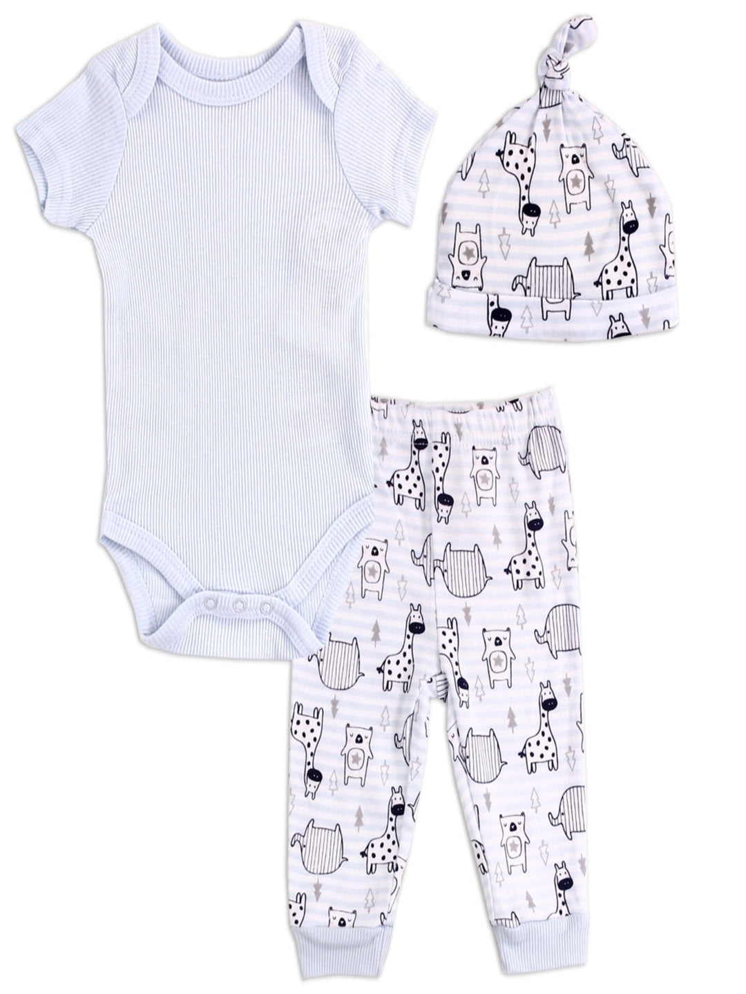 Animal and Stripe Print 3 Piece Baby Outfit, Baby Blue
