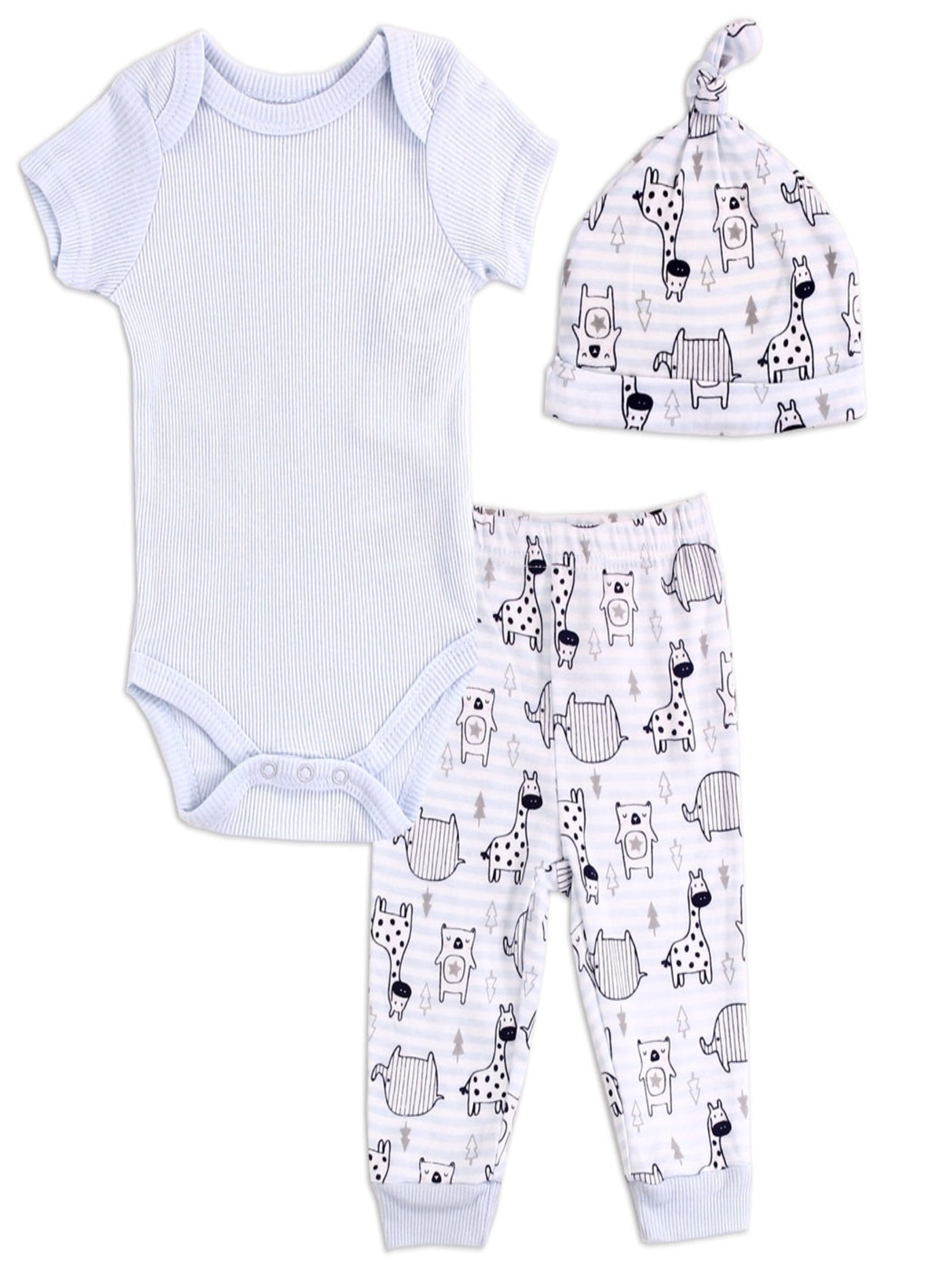 Animal and Stripe Print 3 Piece Baby Outfit, Baby Blue