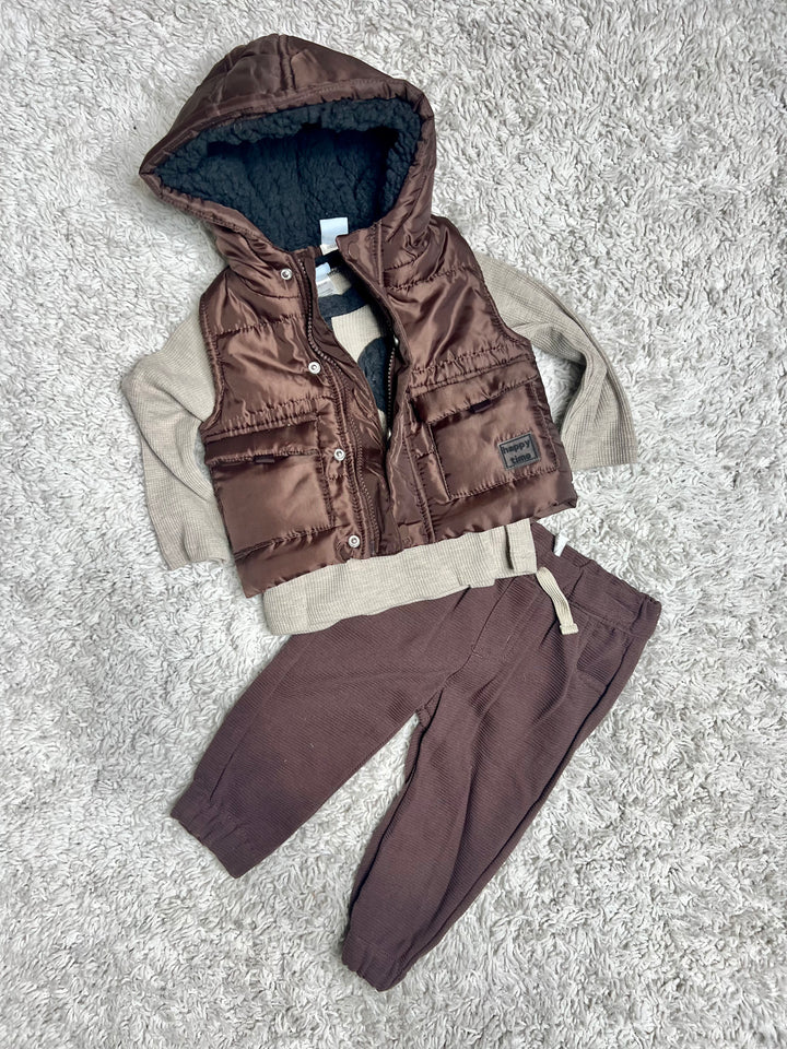 3 Piece Puffy Vest, Joggers and Waffle Knit Top Outfit, Brown