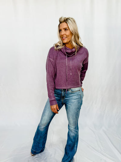 Cary Boxy Mineral Washed Cowl Neck Pullover, Dark Purple