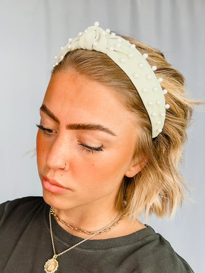 Top Knot Headband with Pearl Accents, Sage