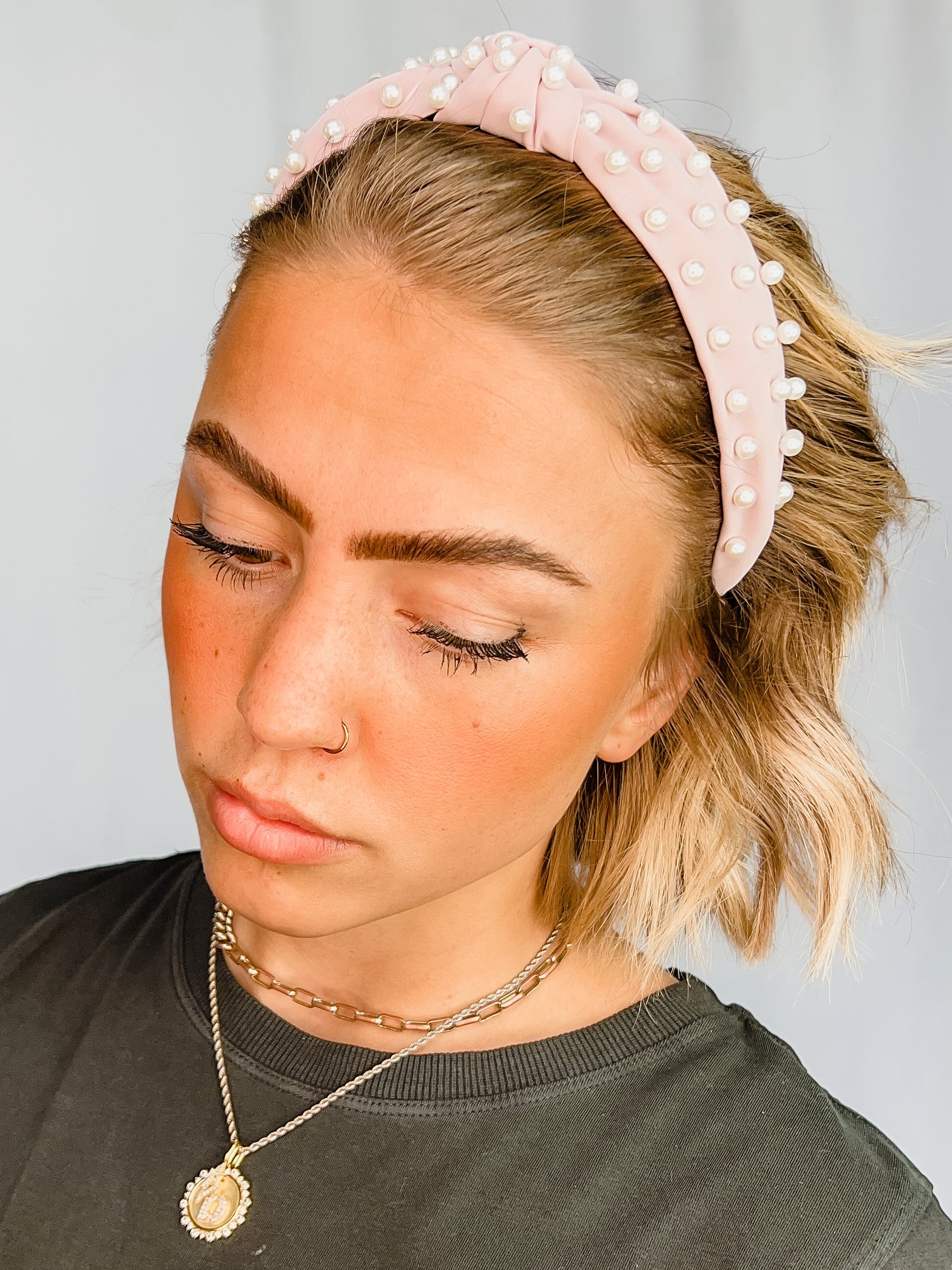 Top Knot Headband with Pearl Accents, Pink