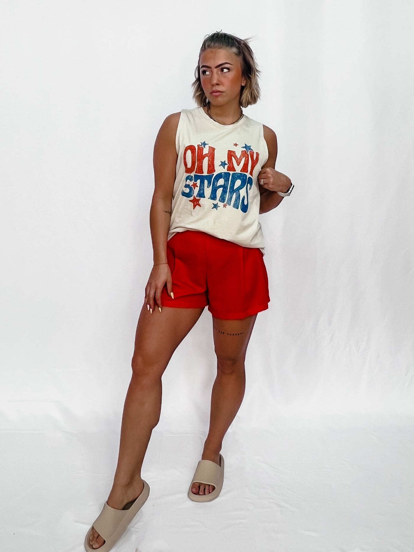 Oh My Stars Relaxed Fit Graphic Muscle Tank, Bone