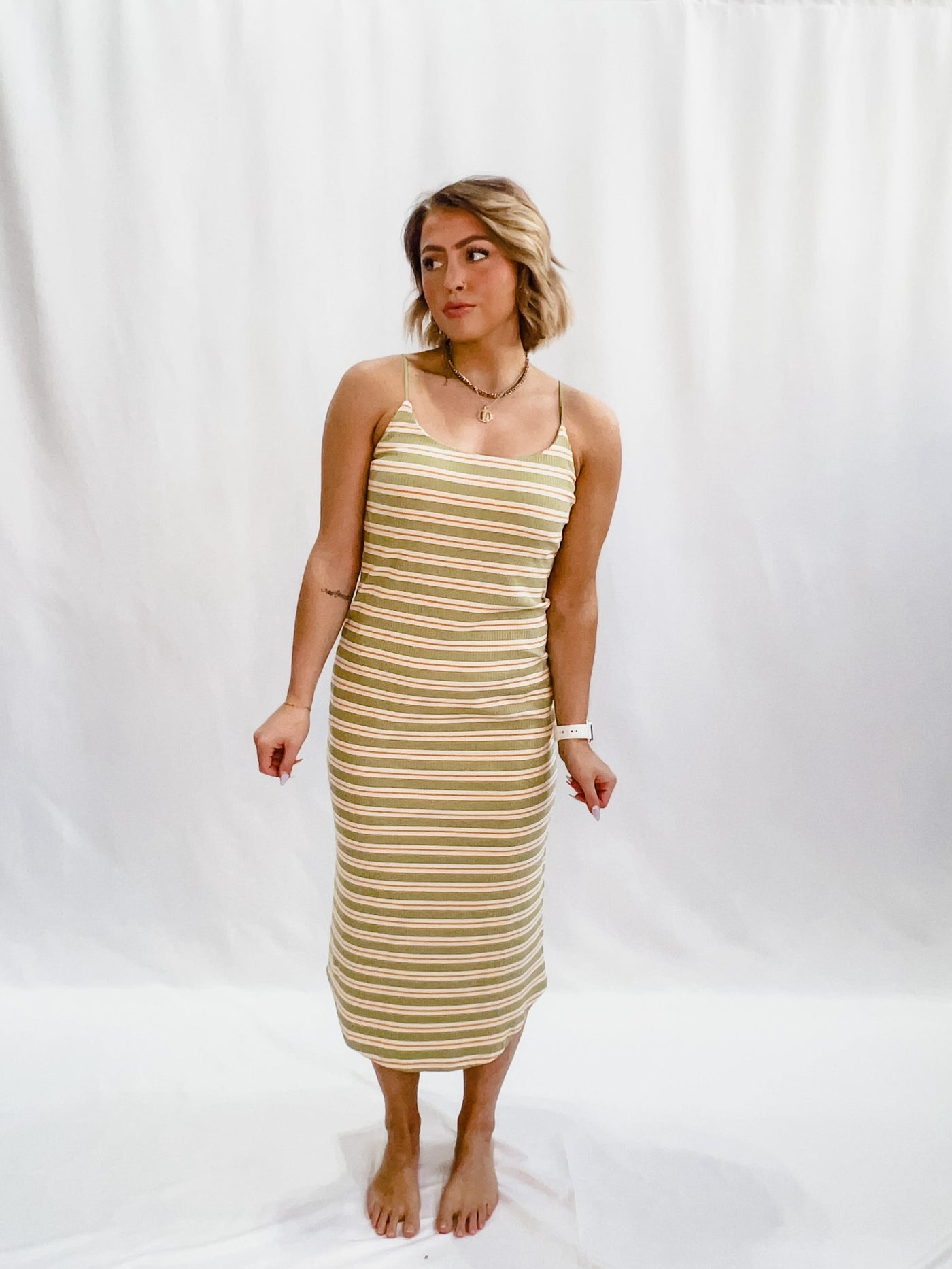 Serenity Stripe Midi Dress, Olive/Natural