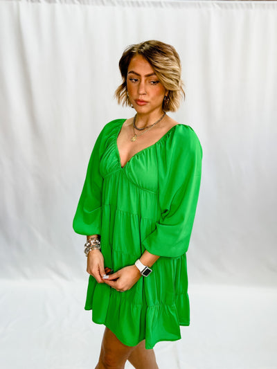 Other Side Long Sleeve Tiered Dress, Green