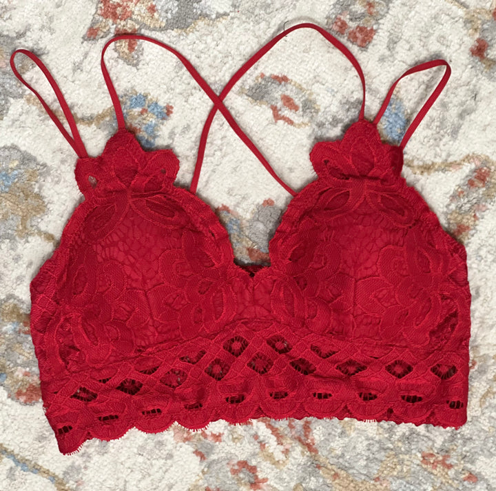 Spice it Up Double Strap Scalloped Lace Bralette in Red