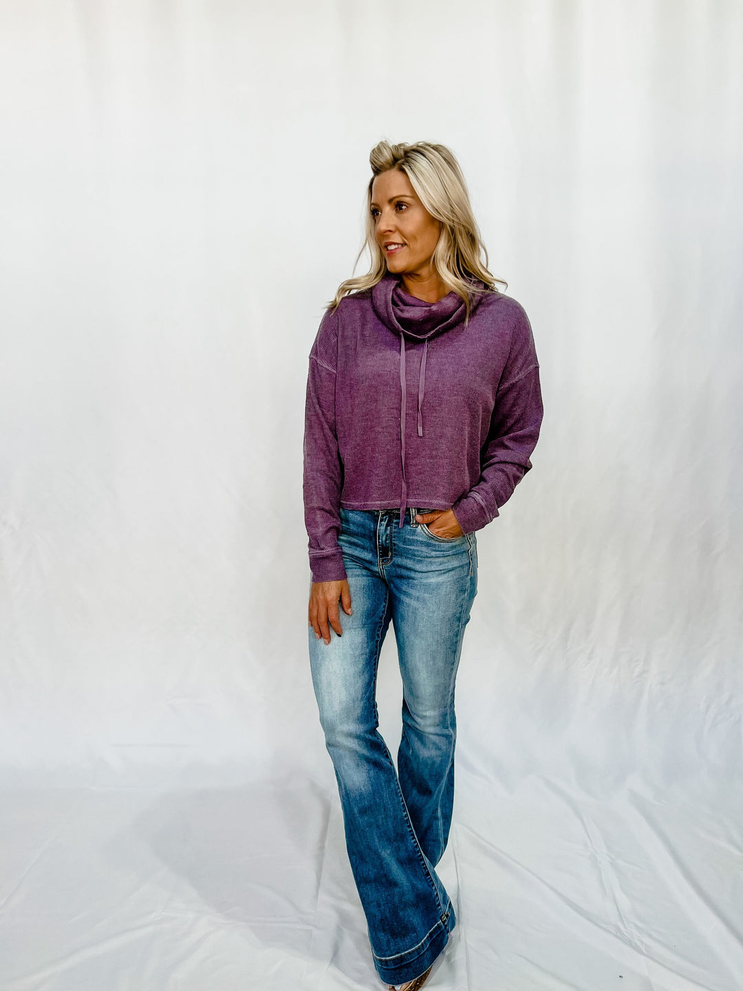 Cary Boxy Mineral Washed Cowl Neck Pullover, Dark Purple