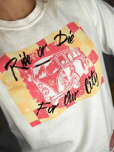 We Ride or Die for Our City Retro Van Graphic Sweatshirt, Pigment White