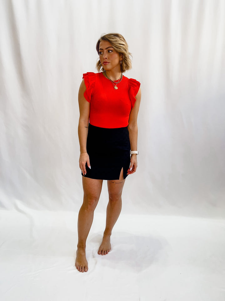 Sophia Ruffle Sleeve Ribbed Bodysuit, Red