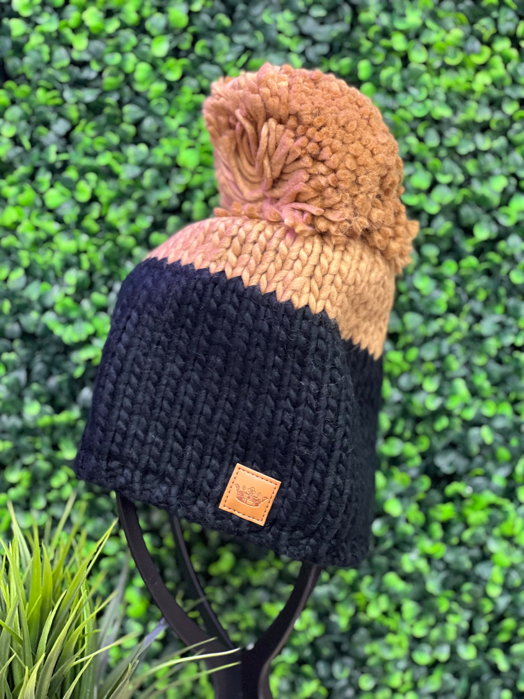 Color Block Fleece Lined Knit Beanie with Pom, Black, Camel