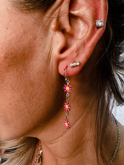 Daisy Love Flower and Gold Chain Earrings, Hot Pink