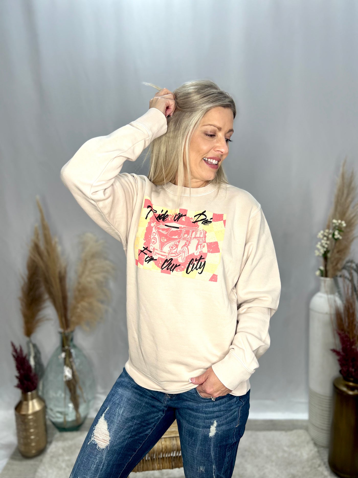 We Ride or Die for Our City Retro Van Graphic Sweatshirt, Pigment Ivory