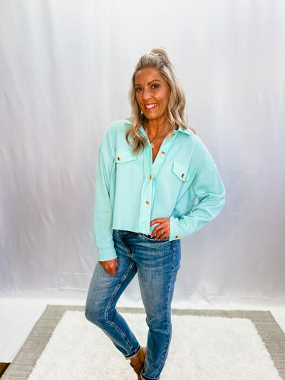 Button Me Up Cropped Shacket, Blue