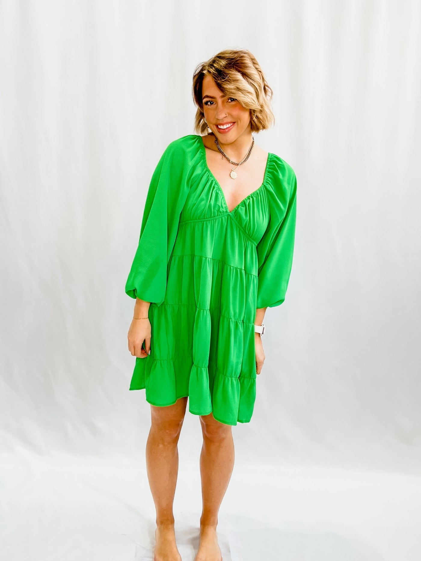 Other Side Long Sleeve Tiered Dress, Green