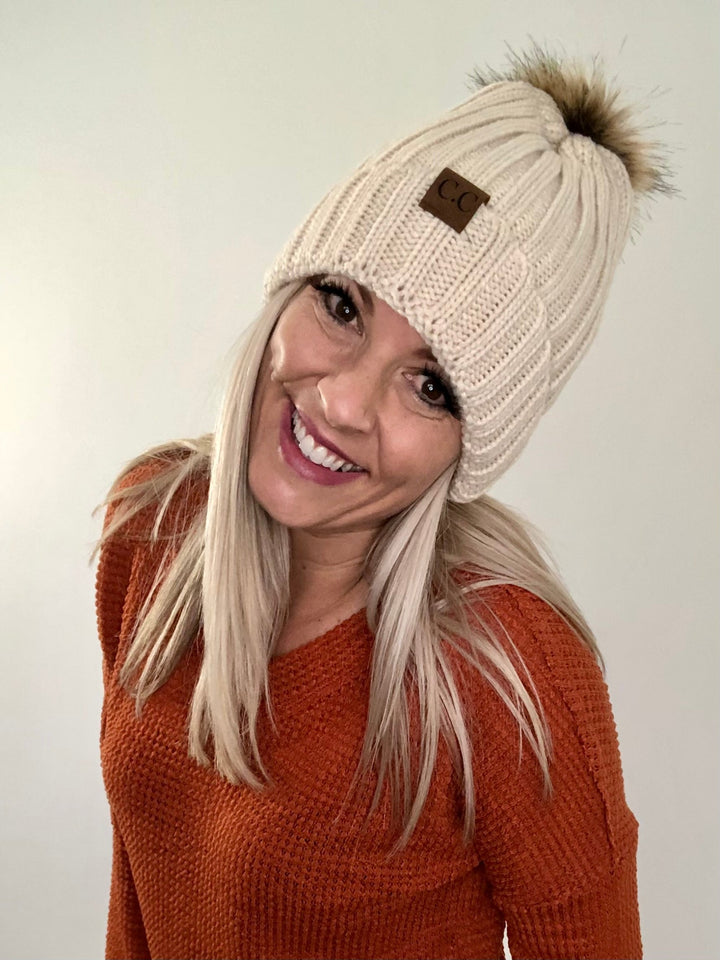 Knit Beanie with Faux Fur Pom, Assorted Colors