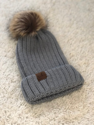 Knit Beanie with Faux Fur Pom, Assorted Colors