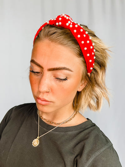 Top Knot Headband with Pearl Accents, Red