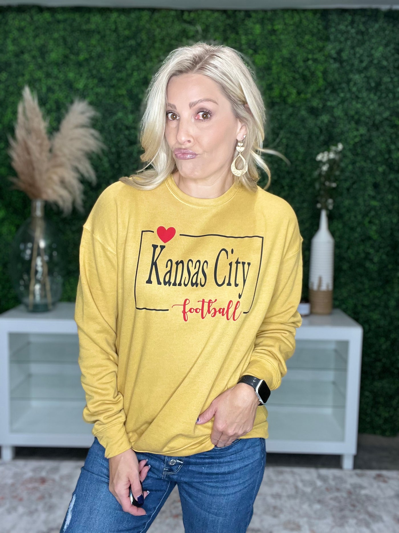 Love Kansas City Football Sweatshirt in Heathered Mustard with Red Accents
