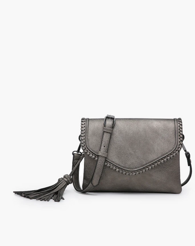 Sloane Flapover Crossbody w/ Whipstitch and Tassel, Pewter